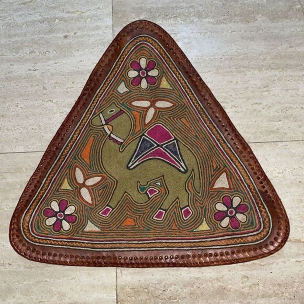 Leather Tripod Saddle Stool Cover‎ Needlepoint Camel Floral Country Farmhouse